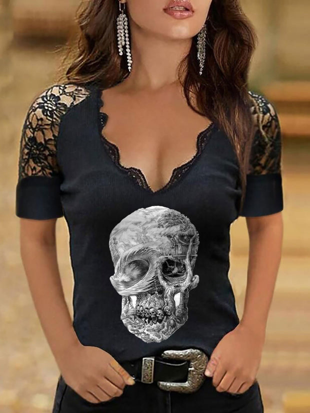 T-shirt à manches creuses avec motif tête de mort 