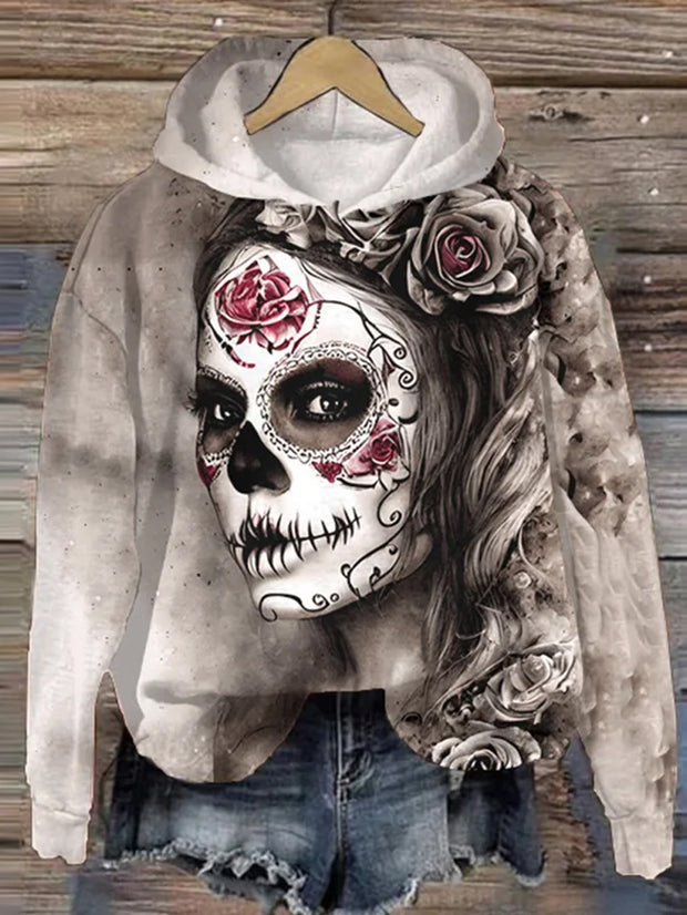 Day of the Dead Girl Skull Rose Printed Hoodie