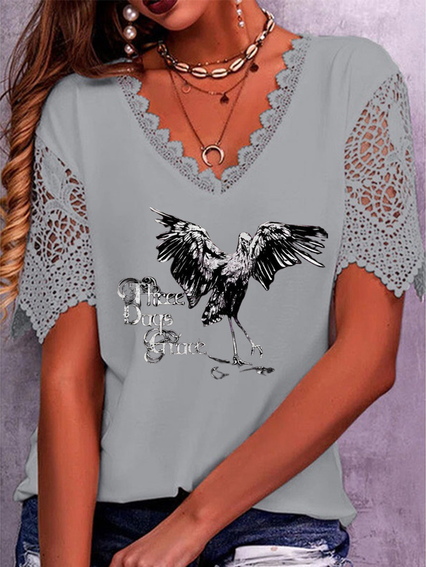 Bald Eagle Print Lace Patchwork Short-Sleeve T-shirt