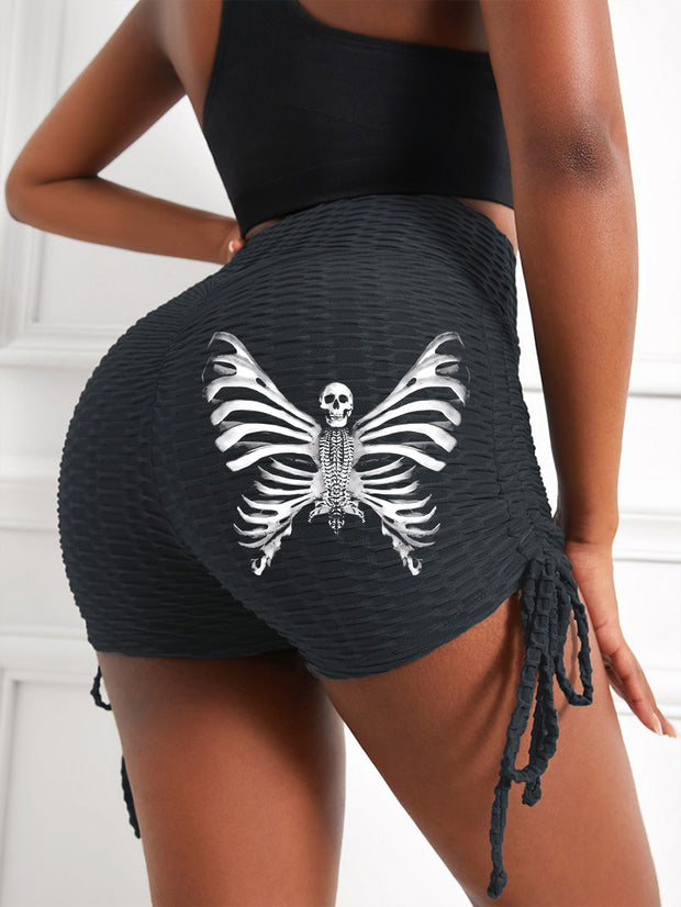 Yoga-Shorts mit hoher Taille und Gothic-Schmetterlings-Skelett-Print