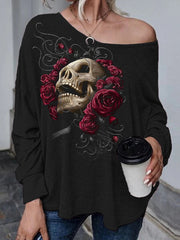 Gothic Rose & Skull Print Lace-Up Off-Shoulder T-shirt