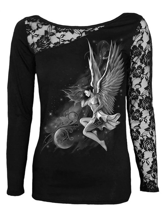 Sexy Lace Angel Print Pattern Long Sleeve T-shirt