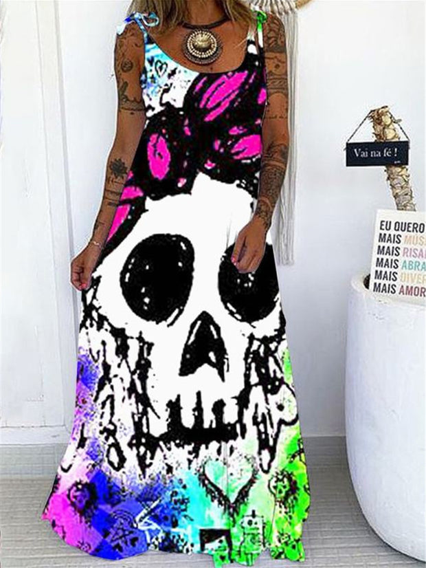 Doodle Skull Printed Sleeveless Maxi Dress