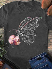 Short-sleeved T-shirt with Flowers and Butterflies