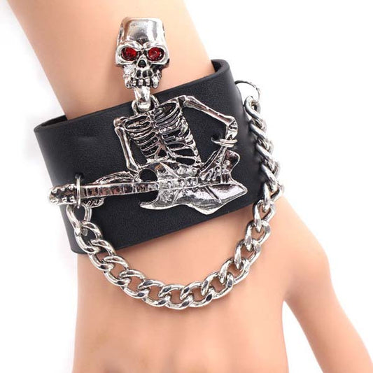 Breites Lederarmband mit Totenkopf-Gitarre 