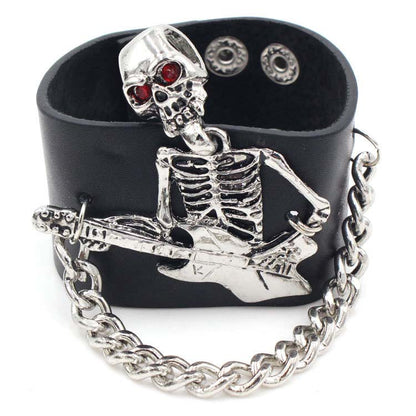 Breites Lederarmband mit Totenkopf-Gitarre 