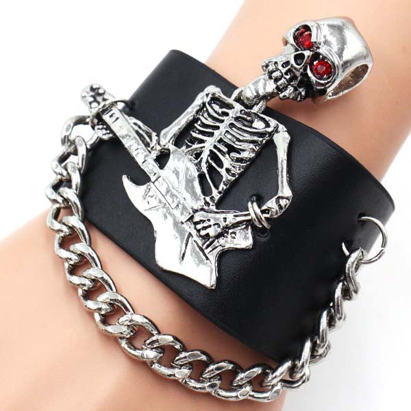 Breites Lederarmband mit Totenkopf-Gitarre 