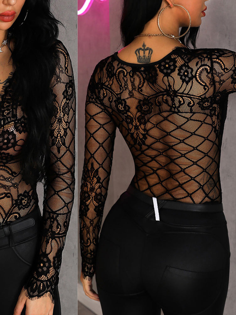 Sexy See-through Long-Sleeved Eyelash Jumpsuit