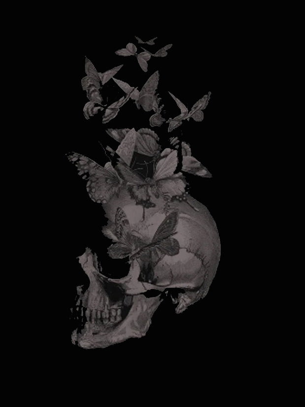 Sexy Langarm-Top mit Blumenspitze und Schmetterlings-Totenkopf-Motiv