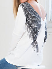 T-shirt à col en V imprimé avec ailes arrière 